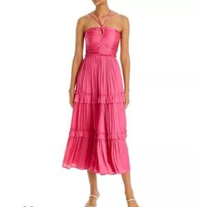 AQUA Hot Pink Ruched Halter Midi Dress NWT – Small Tiered Pleated Party Wedding